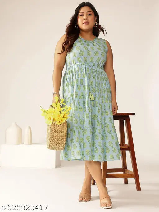 Janasya Women's Plus Size Light Blue Pure Cotton Ethnic Motifs Printed Tiered Dress