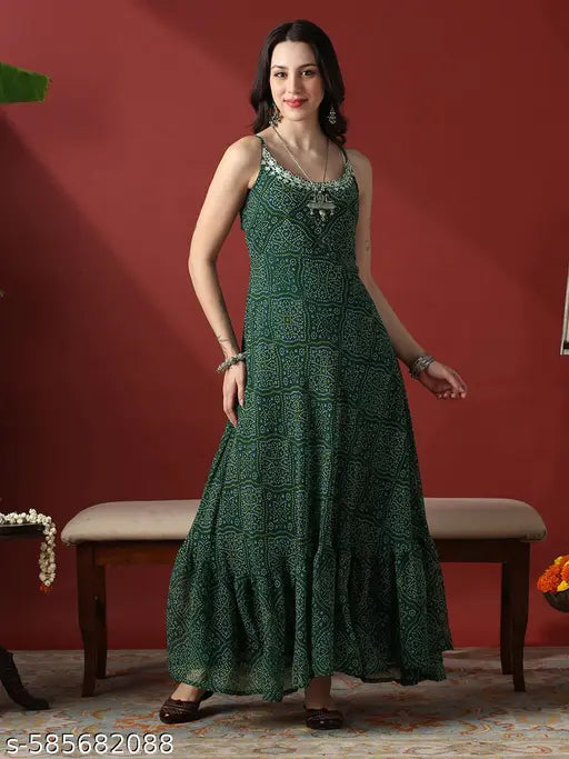 Globus Women Green Embroidered Round Neck Stylised Tie Back Detail Bandhani Georgette Fit & Flare Festive Maxi Dress
