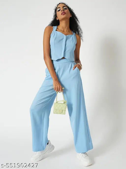 Globus Women Blue  Neck Cross Straps Back Designed Crop Top With Wide-Leg Trousers Party Co-Ord Set