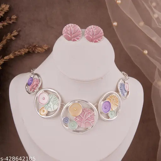 ✨GC premium jewellery Western New Concept Stylish Designer Necklace and Earring Set for Girls and Women | Luxurious Silver-Plated Necklace with Multicolor Pastel Abstract Charms | Perfect for Any Party or Occasion ✨