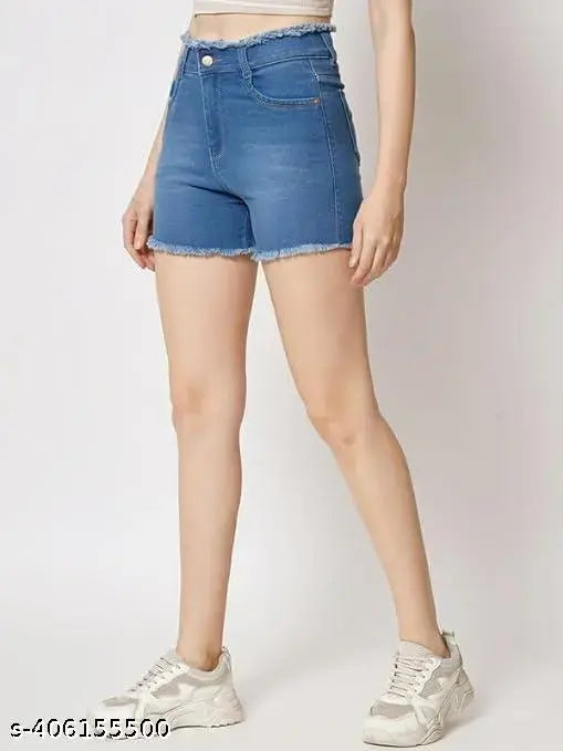 Women High Waist cotton blend (Blast look) regular fit washed Denim fur shorts