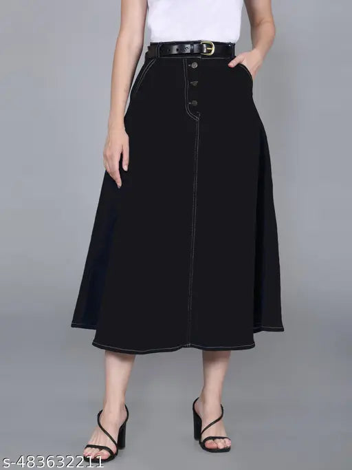 Codaisy Trendy Western Black Washed A-line Long Denim Midi Skirt for Women and Girls, Fashionable Jeans Style, Plus Size Available