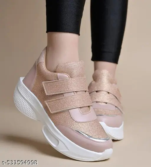 JM Looks Women Casual Sneakers Shoes with Double Velcro Straps Comfortable Cushion Footbed for casual, workouts, travel - Peach