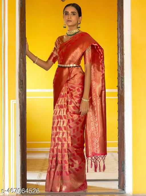 Janasya Women's Pink Organza Woven Geometric Design Saree with Unstitched Blouse Piece