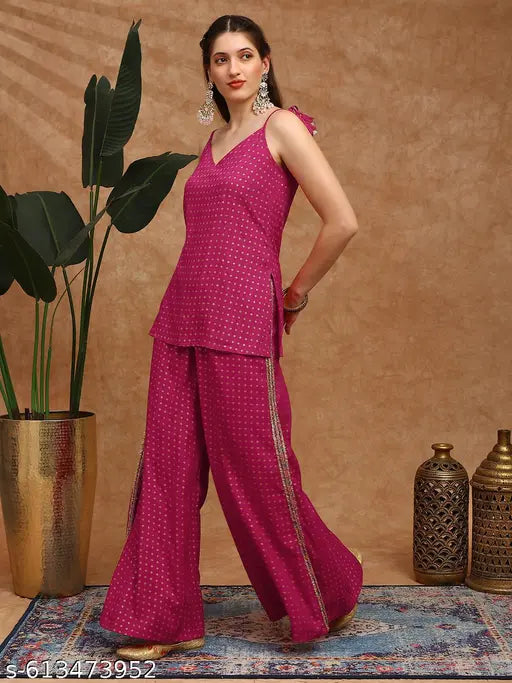 Globus Women Pink Ethnic Gold Foil Print V-Neck Tie-Up Shoulder Strap Tassel Detail Top & Palazzos Fusion Co-Ord Set