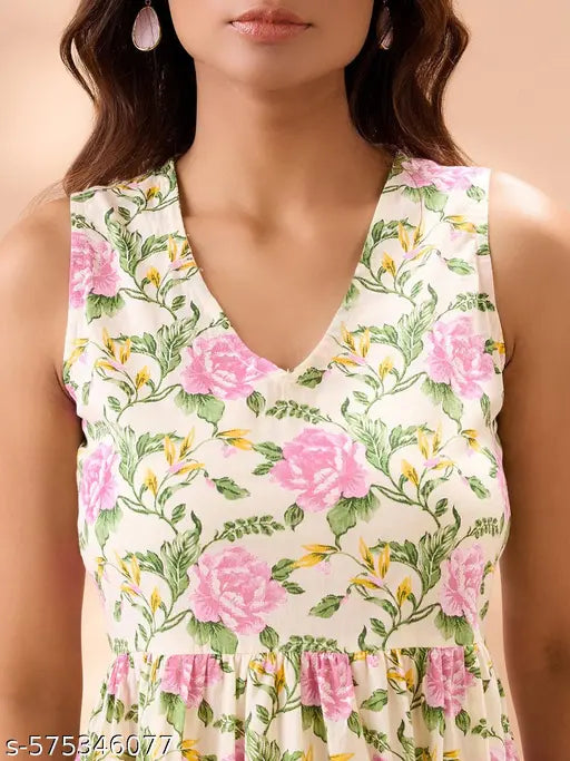 Globus Women Pink V-Neck Floral Print Gathered & Tiered Lace Inserts A-Line Midi Fusion Dress