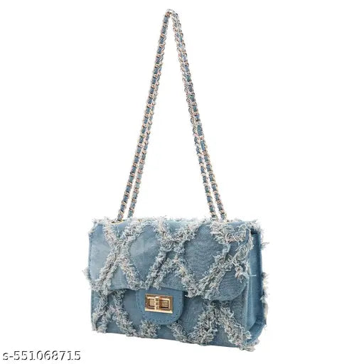 Trendy Blue Denim Small Shoulder Bag for Women Fashion Crossbody Chain Bag with Metal Interlock Closure Casual Phone Purse