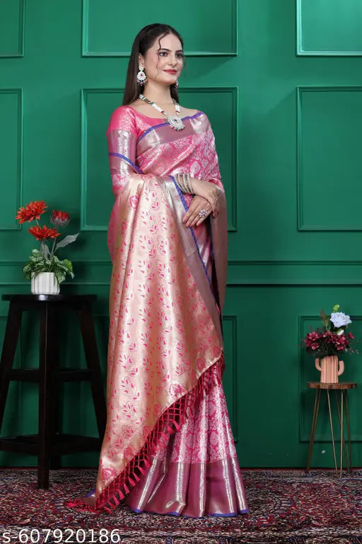 Pink Banarasi Silk Saree with Rich Zari Weaving & Elegant Blouse Piece