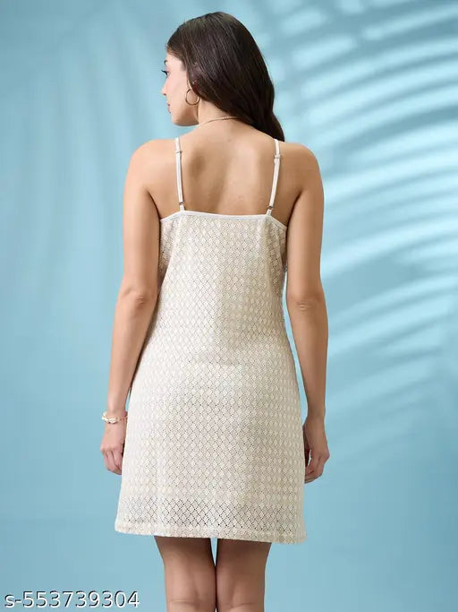 Globus Women Beige Scoop Neck Strappy Sleeves Crochet Sheath Mini Dress