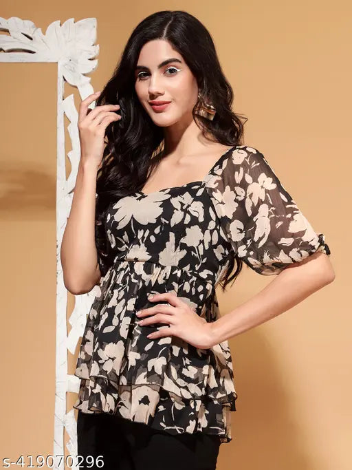 Latest Stylish Printed Peplum Top with Elbow Sleeve and Back Smocking