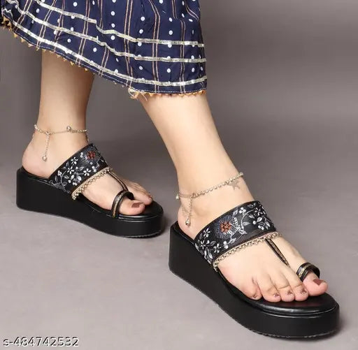 SAHU BROTHER...black platform sandals/floral embroidery/casual footwear/summer sandals/stylish flip flop/comfortable sandals/trendy footwear/fashionable summer slippers for women and girls chic sandals/elegant wedges heels for ladies partywear heel sandal