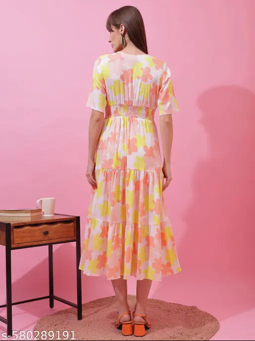 Sheetal Associates Yellow Floral Printed V-Neck Flared Midi Dress