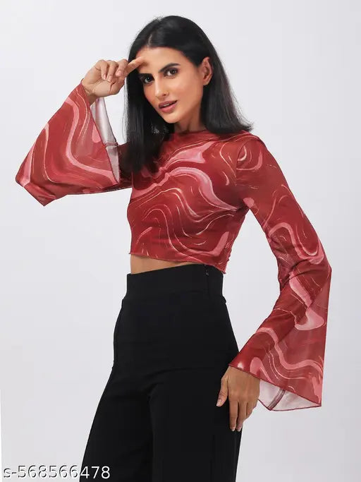 Women Abstract Printed Rust Round Neck Flared Sleeves Net Fitted Crop Top