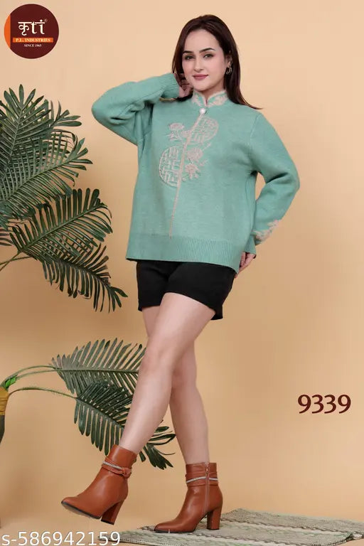 KRITI Floral Design Woollen Winter Top Green Colour For Women