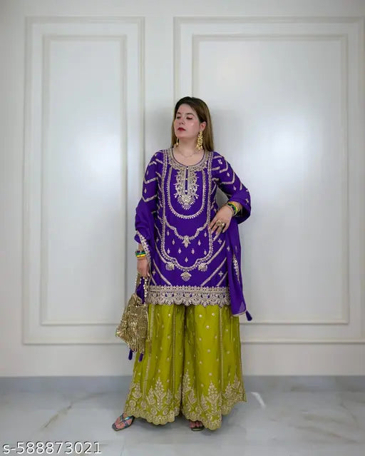 Purple Embroidered Kurta with Green Sharara & Dupatta – Festive Ethnic Wear Set for Women