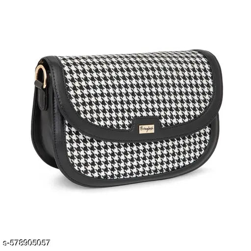Berrylush Women Black & White Houndstooth Printed Fabric Detachable Strap Button-Up Regular Sling Bag