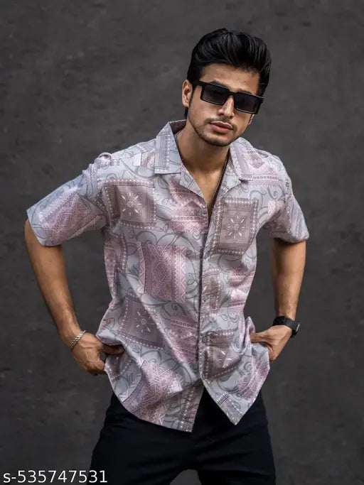 Mens All Over Printed Collar Neck Half Sleeve Pink Cotton Oversized Shirt