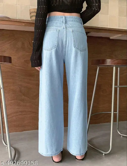 WOMEN WIDE LEG FLARED BELL BOTTOM HIGH RISE DENIM JEANS