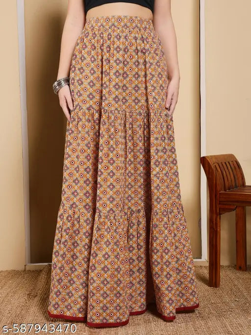 FIORRA Women's Mustard Yellow Printed Cotton Flared Skirt