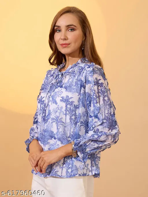 Globus Women Blue Frilled Tie-Up Neck Bishop Sleeves Tropical Print Ruffle Detail Top
