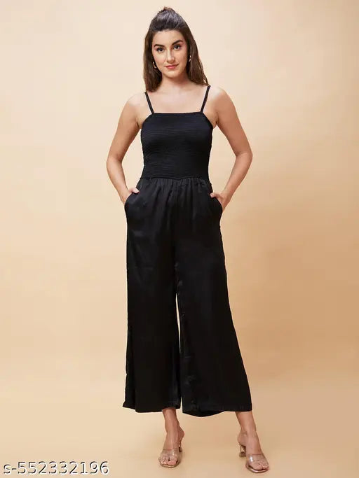 Globus Women Black Solid Smocked Strappy Party Jumpsuit