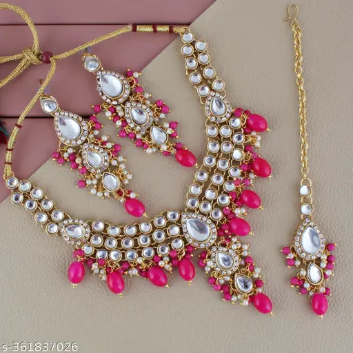 Lucky Jewellery Gold Plated White Magenta Color Tika Earring Necklace Combo Kundan Jewellery Set