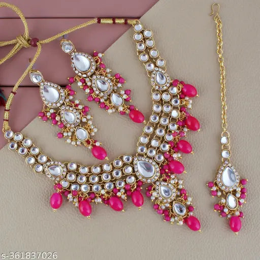 Lucky Jewellery Gold Plated White Magenta Color Tika Earring Necklace Combo Kundan Jewellery Set