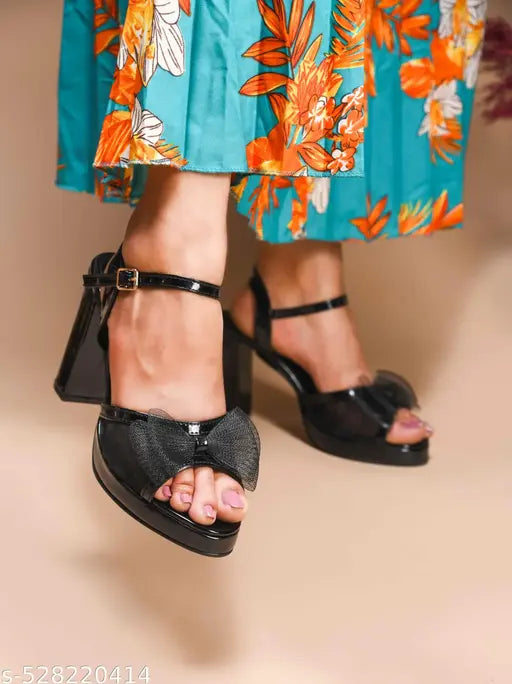 JM Looks Women's Chunky Block Heels with Mesh Bow Stylish For Partywear evening events, and formal occasions - Black