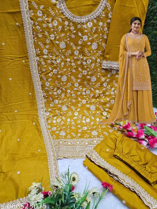 Embroidered Semi-Stitched Partywear Wedding Set-DB522-Yellow