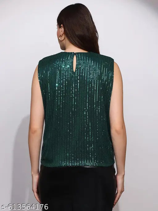 Globus Women Green Sequinned Embellished Round Neck Sleeveless Party Top