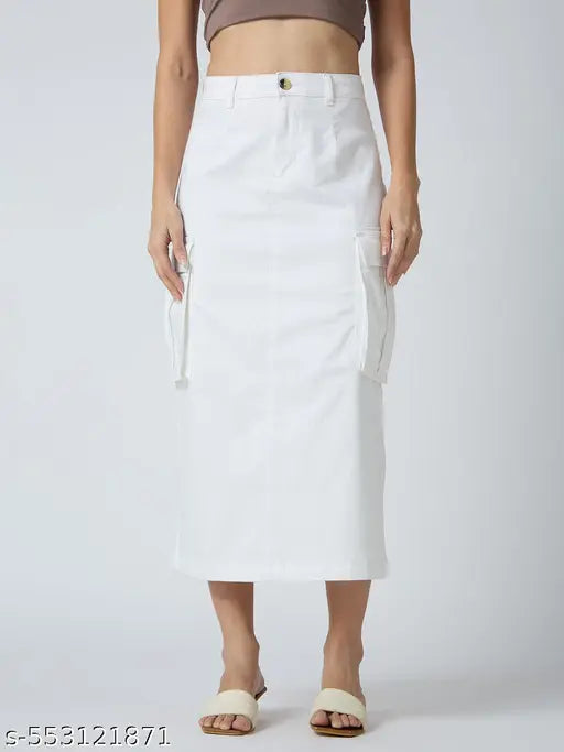 Globus Women White Stretchable Solid Mid-Rise Straight Fit Midi Cargo Skirt