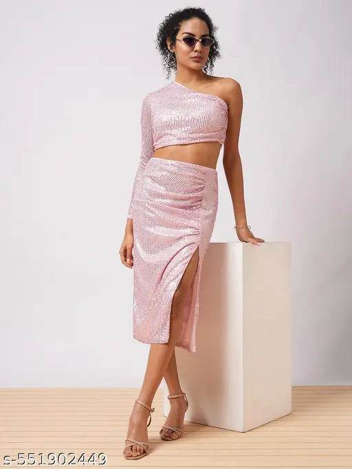 Globus Women Pale Pink Embellished One Shoulder Crop Top With Ruched Side Slit Midi Skirt Party Co-Ord Set