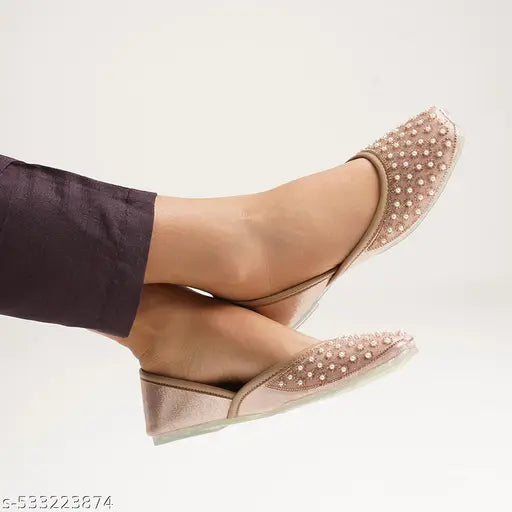 Women Bellies Ethnic Flats Pearl & Stone Embellished Comfortable Lightweight Slip-Ons for Festive Elegance