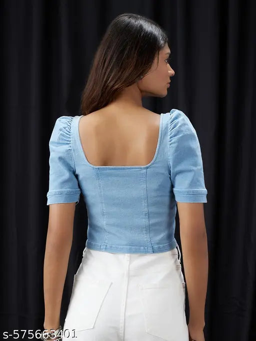 Globus Women Blue Square Neck Puff Sleeves Denim Corset Top