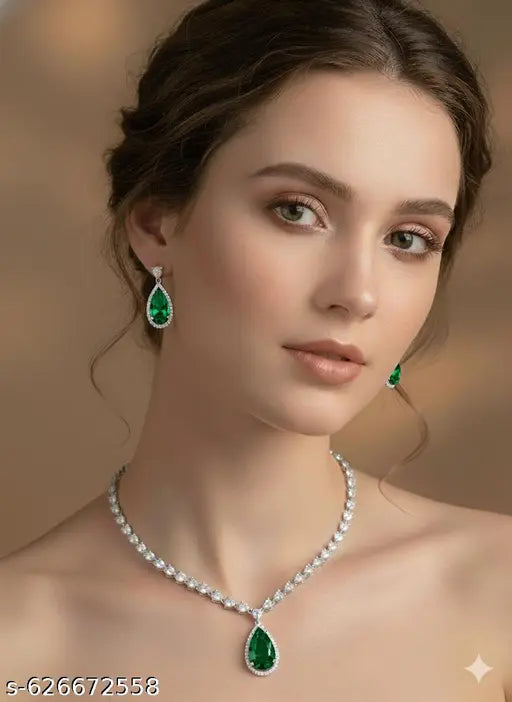 Elegant Rhodium Plated SD STONE  Necklace Set, Sleek Style Teardrop Pendant with Matching Earrings, Crystal Studded Wedding Jewelry