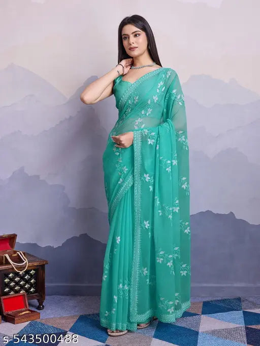 Women's Soft Simmer chiffon Embroidery saree with Simmer chiffon blouse piece
