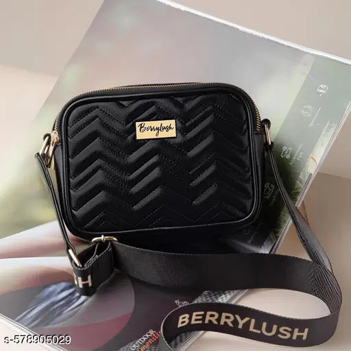 Berrylush Women Solid Black Non-Detachable Strap PU Quilted Crossbody Sling Bag