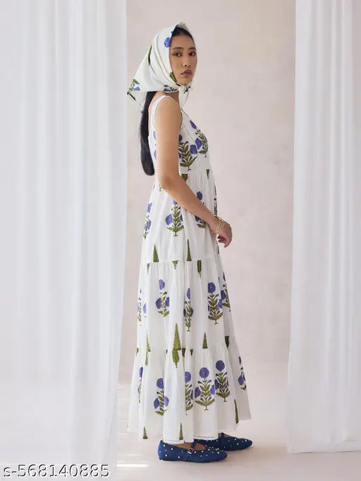 FIORRA Women's Off-White Floral Printed Cotton Maxi Dress