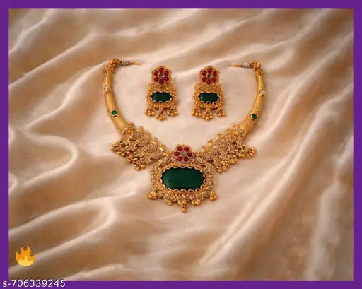 Designer Golden Kundan Temple Necklace Set with Green Kundan Stones & Matching Earrings for Women