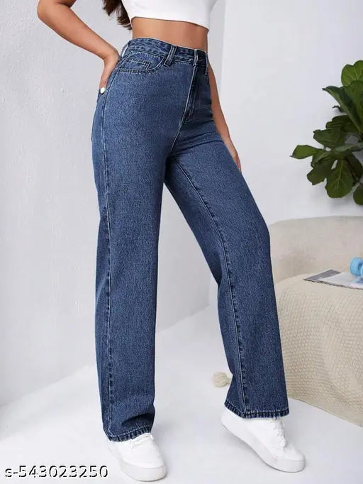 H&H Dark Blue Straight Fit High Waist Non-Stretchable Denim Jeans for Women – Casual Stylish Western Wear