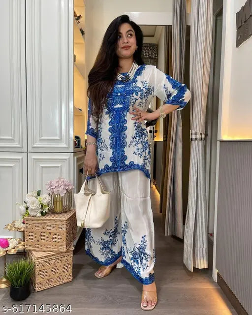 Anni Designer Women's Rayon Viscose Blue Straight Printed Kurta Set | 2-Piece Daily Wear Suit with Palazzo| Stylish Office Wear Ethnic Rayon Dress