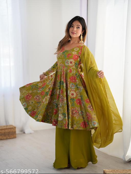 PURE SOFT ROMANSILK CHANDERI DISCHARGE PRINT FABRIC FULLY FLAIR KEDIYA STYLE KURTA,WITH DUPPTA SET,PALAZZO READY TO WEAR