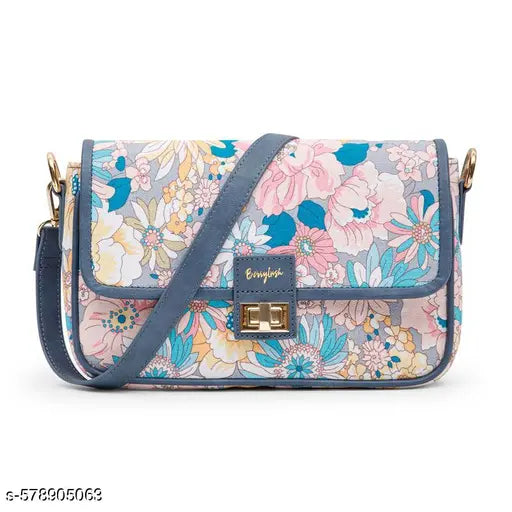 Berrylush Women Blue & Pink Floral Printed Cotton Detachable Sling Strap Structured Shoulder Bag