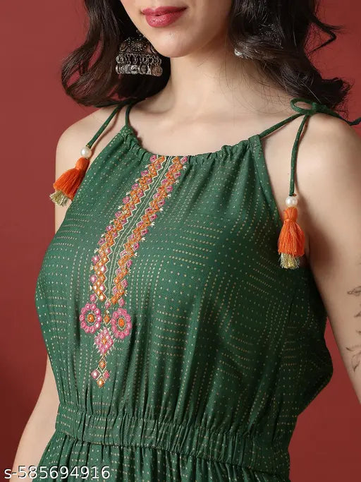 Globus Women Green Embroidered Yoke & Gold Foil Polka Dot Tie-Up Straps Wide Leg Fusion Jumpsuit