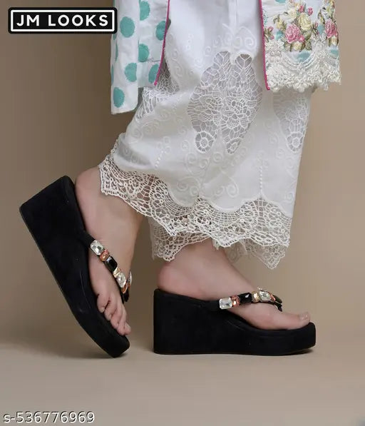 JM Looks Women's Rhinestone Sandals High | Low Platform T-Strap Jewel Sandals High Wedge Flip Flops Sandal Summer Beach Sandal