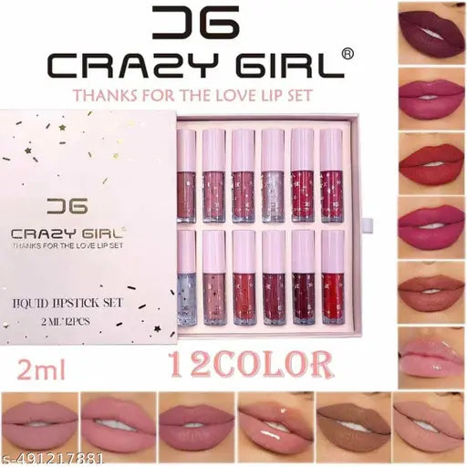 Professional 12pc Glaze Long Lasting Liquid Glitter Lipstick Set Tint Oil Gloss Korean Lipstick In Waterproof For Girls And Women Cute Combo Set Multicolor Nude Shade Red Pink Brown Matte Finish.