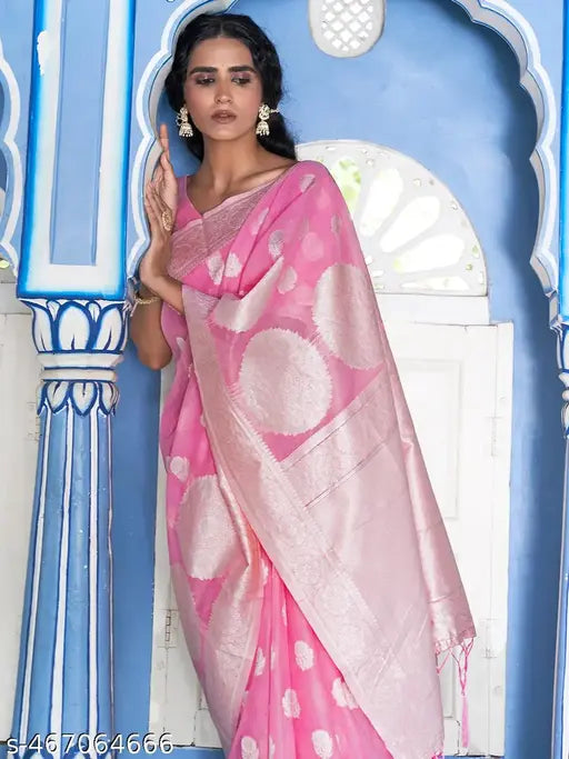 Janasya Women's Pink Linen Cotton Woven Floral Design Saree with Unstitched Blouse Piece