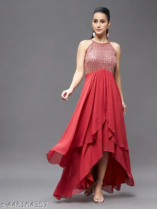 Miss Chase Women's Brick Red Georgette Halter Neck Sleeveless Embellished Layered Maxi Dress