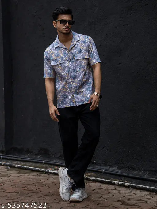 Mens All Over Printed Collar Neck Half Sleeve Dark Grey Cotton Oversized Shirt