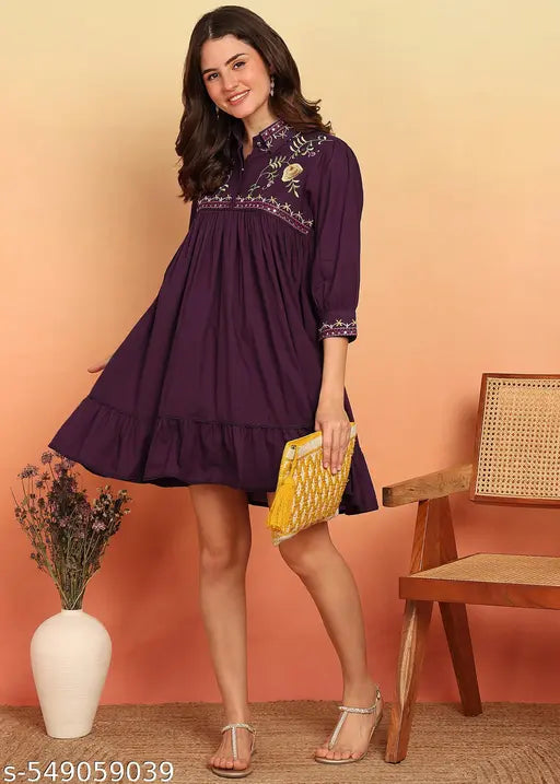 Vbuyz Women'S Dark Purple Solid With Embroidery Flare Cotton Stitched Dress